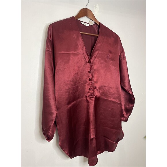 Vintage Victoria Secret Gold Label Womens P/S Pajama Top Wine Burgandy Satin - Picture 2 of 10